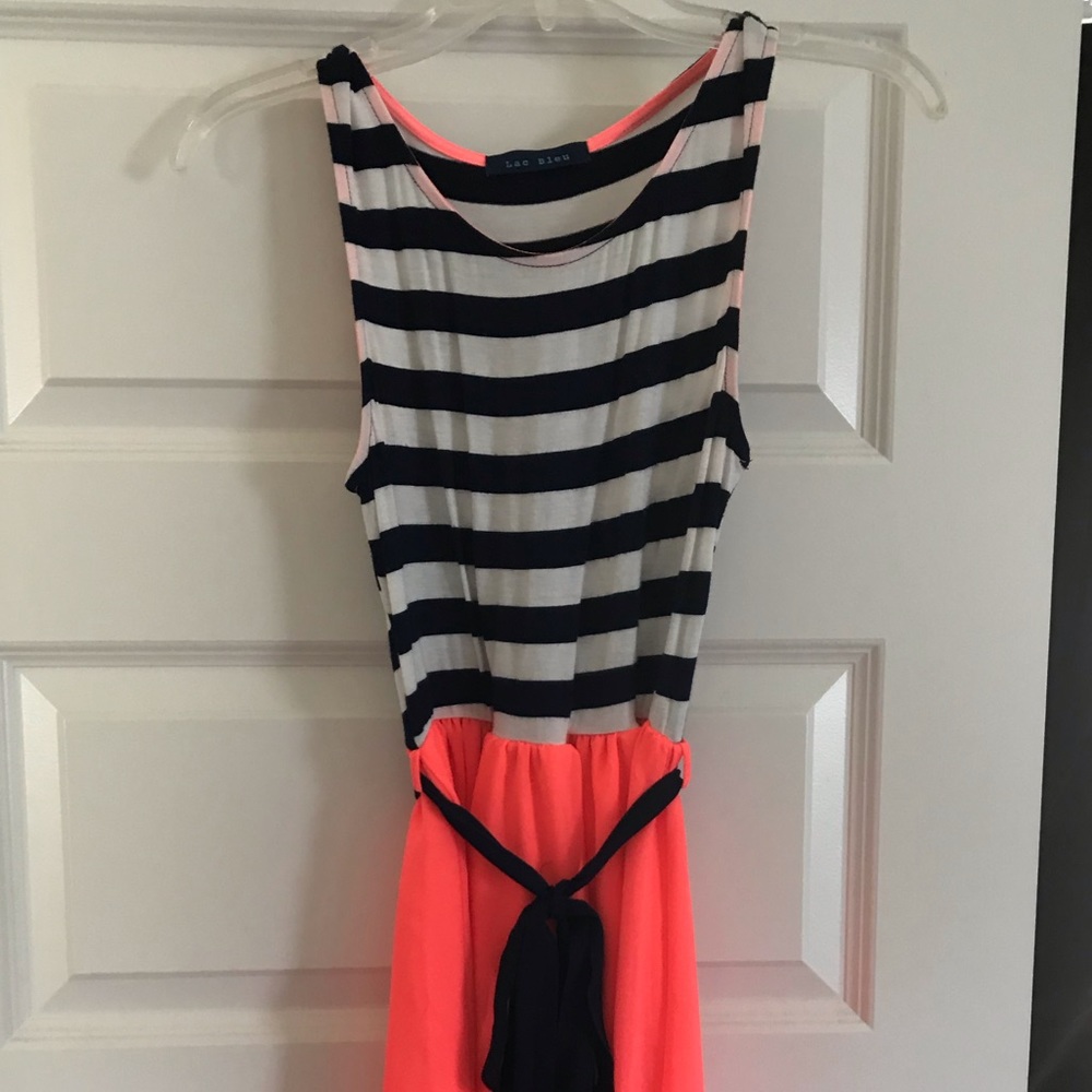 Navy blue striped dress with orange skirt